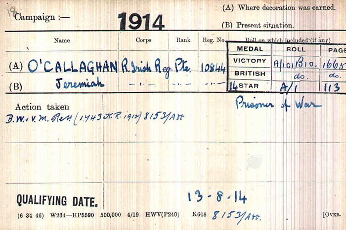 Jeremiah O'Callaghan medal card